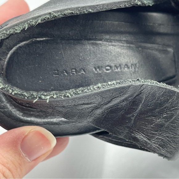 Zara Black Leather Chunky High Heel Sandals Size 6.5 - Picture 6 of 9